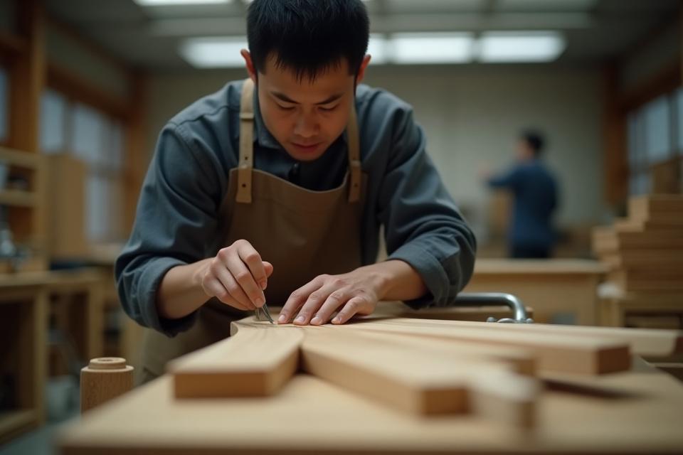 職人が木材を丁寧に加工している様子