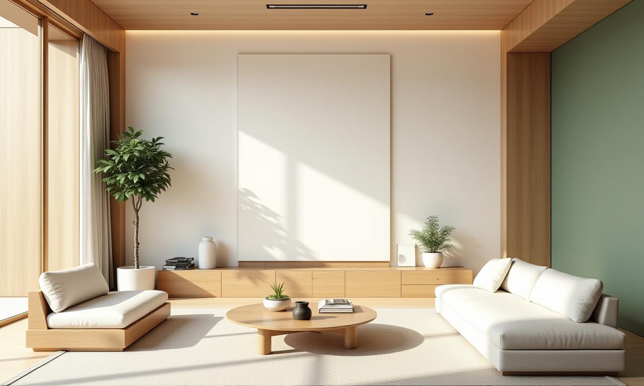 光が差し込むモダンで洗練された和風のリビングルーム